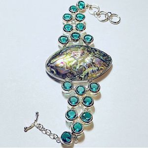 Vintage .925 Silver SS Large Paua Abalone Shell Green Glass Bracelet Sta…